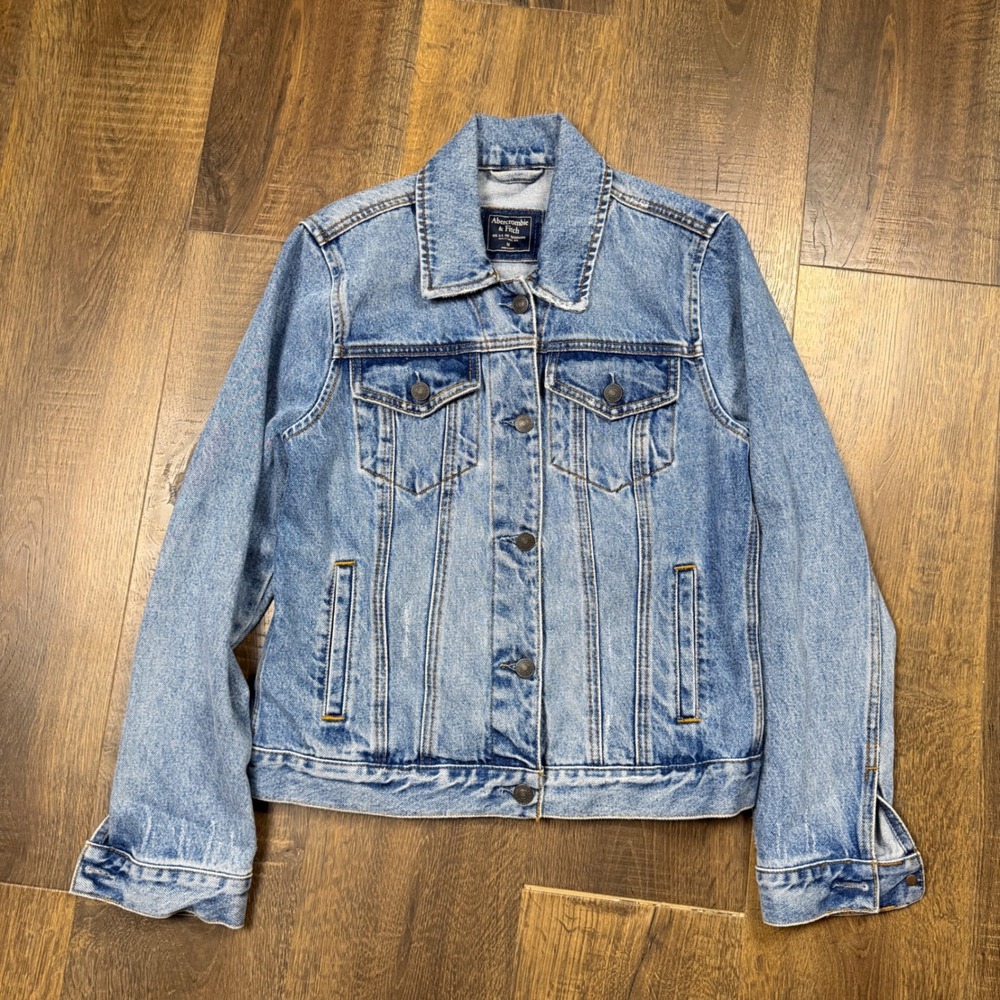 Abercrombie & Fitch Women M Denim Trucker Jacket Faded Distressed Y2K Blue